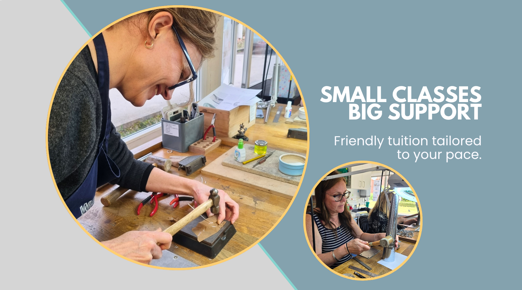 Beginner jewellery making students learning traditional silversmithing techniques in a supportive Surrey jewellery school.