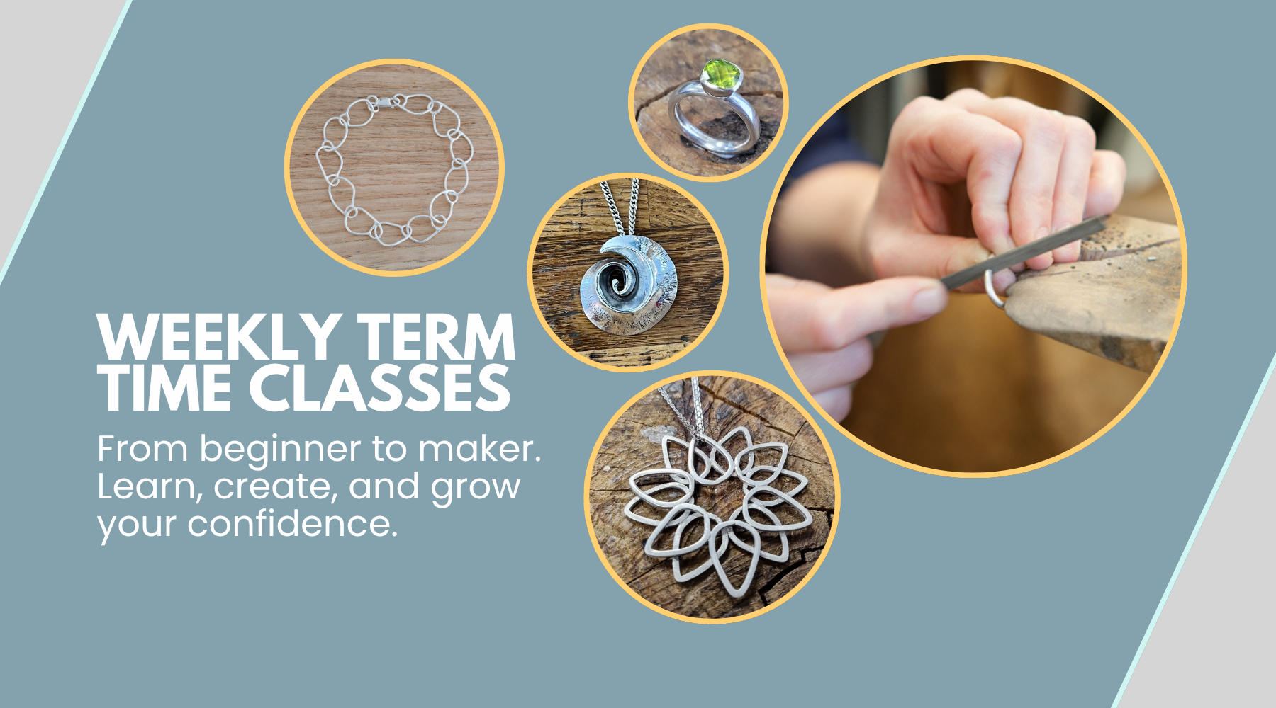 Handmade silver jewellery created by students during jewellery making classes in Surrey. Learn design and silversmithing skills. Jewellery Making Classes Woking
Silver Jewellery Making Guildford
Silversmithing Workshops Farnham
Jewellery Making Courses Surrey Hills